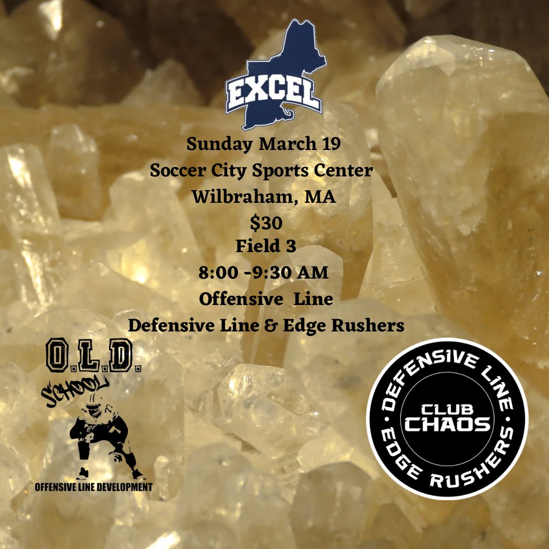 Defensive Lineman and Edge Rushers who are looking to work on their craft come on out this Sunday! 

Club Chaos D-Line and Edge Rushers

&amp; O.L.D. School OLine!

Sunday March 19
8:00 - 9:30 AM
Soccer City Sports Center 
Wilbraham, MA
Field 3
$30