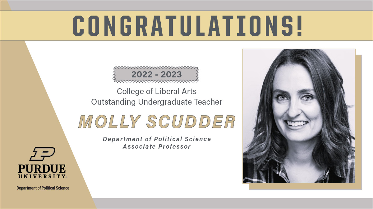 purduepolsci (@purduepolsci) on Twitter photo Congratulations, <a href="/mollyscudder/">Molly Scudder</a>, on being recognized for your excellence in teaching #PurdueStudents!
<a href="/PurdueLibArts/">Purdue Liberal Arts</a> <a href="/LifeAtPurdue/">Purdue University</a> Congratulations, <a href="/mollyscudder/">Molly Scudder</a>, on being recognized for your excellence in teaching #PurdueStudents!
<a href="/PurdueLibArts/">Purdue Liberal Arts</a> <a href="/LifeAtPurdue/">Purdue University</a>