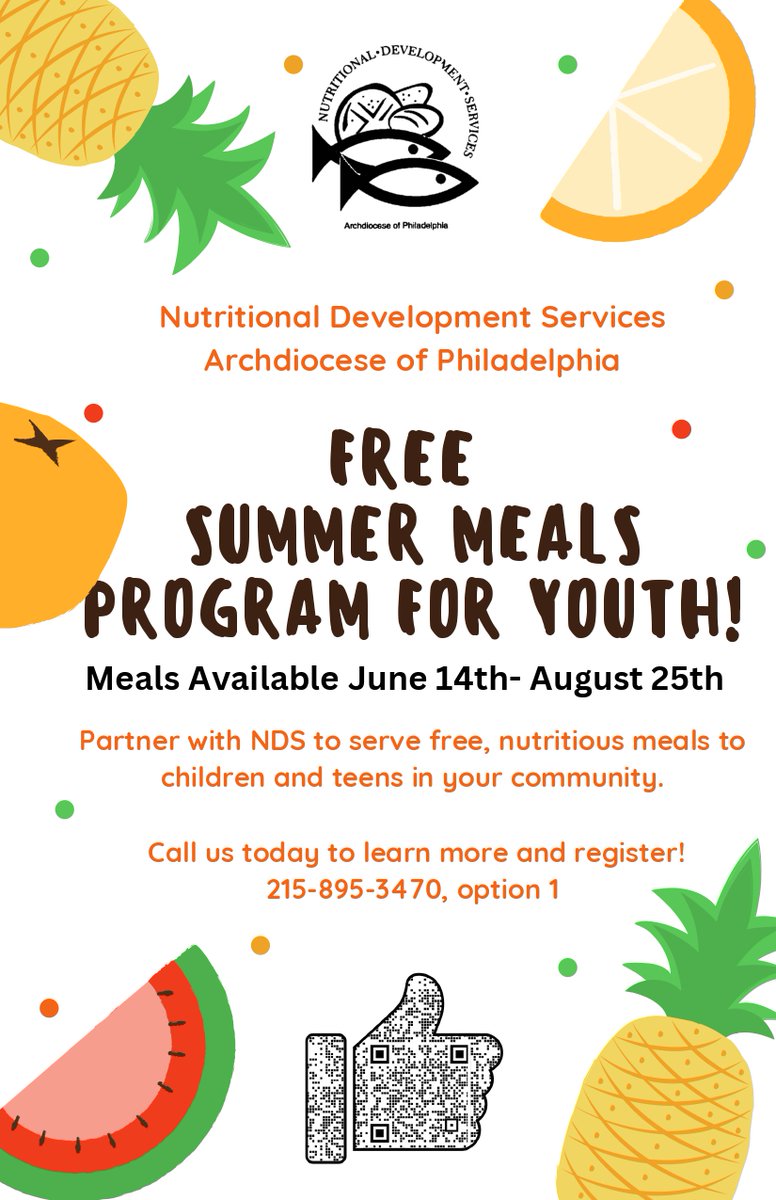 Spring is almost here, but it's never too early to think about SUMMER! NDS will have fresh, healthy breakfast &amp; lunch available again this summer for any camp, youth group, church organization, etc. Call us to sign up! (215)-895-3470, option 1