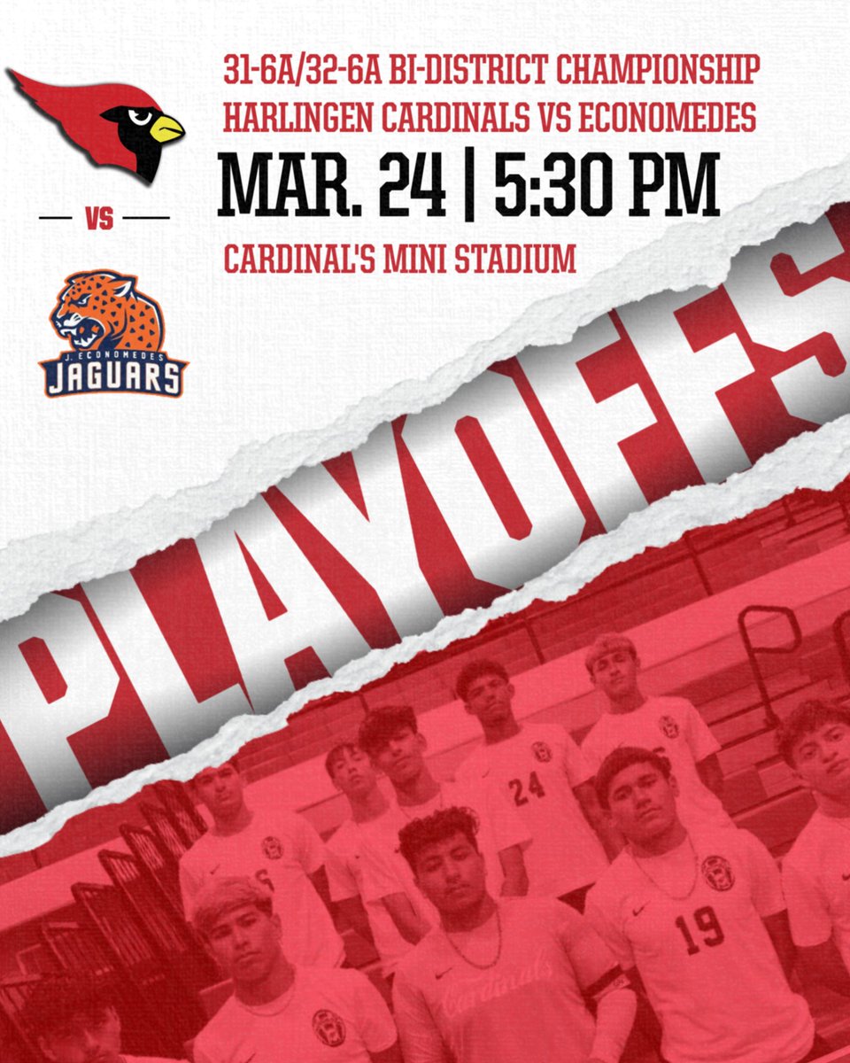 HCISD_Athletics's tweet photo. Congratulations to the Harlingen Cardinals Soccer team for advancing to the 31-6A/32-6A Bi-District Playoffs VS Edinburg Economedes! Mark those calendars and show your support for our Cardinals! ⚽️💪 https://t.co/avyUxC7lOt