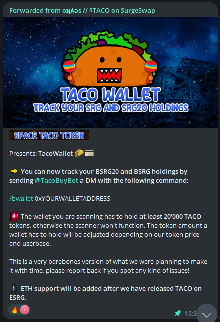 SpaceTaco_OG's tweet photo. 🌮 loves #SRG20 so much that we can't stop building!

#SpaceTaco Token presents: TacoWallet 🌮💳

➡️ You can now track your BSRG20 and BSRG holdings by sending https://t.co/ngq3xalaPi a DM with the following command:

/bwallet 0xYOURWALLETADDRESS
-
$SRG #BNB #BNBChain #Crypto https://t.co/ZphI97yzTa