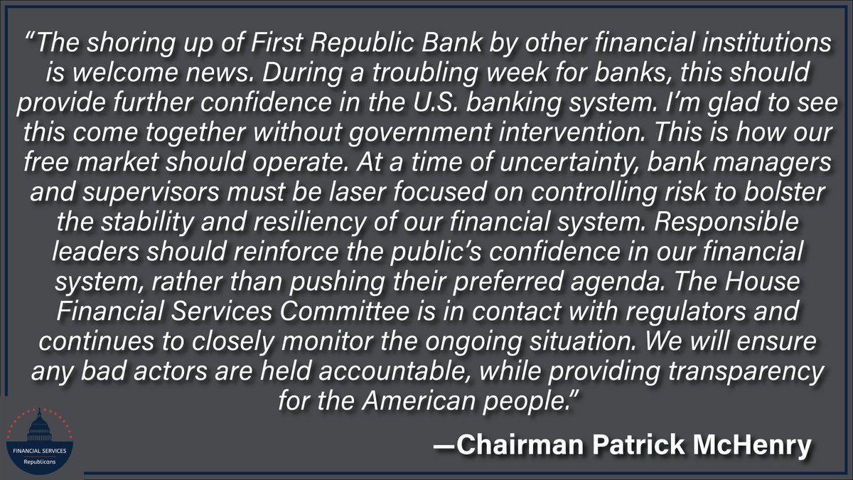 FinancialCmte's tweet photo. #NEW: Chairman @PatrickMcHenry releases statement on private sector efforts to stabilize First Republic Bank.

👇 Read more 🔗 https://t.co/uPdQvy0j1O https://t.co/j79yx8i1Mm