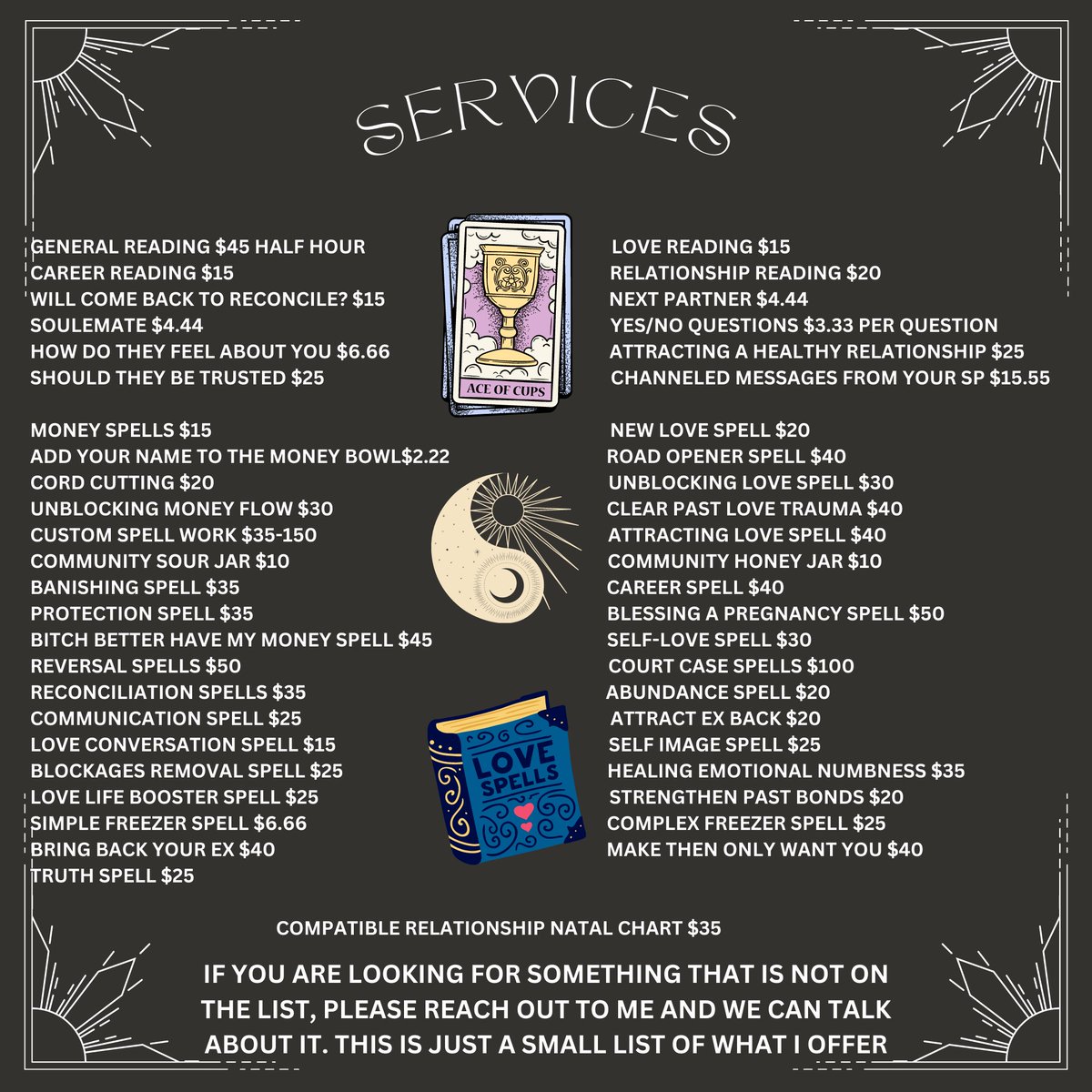 I AM OPEN FOR ALL READINGS AND WILL HAVE TIME THIS EVENING FOR SPELL CASTING JUST DM ME IF YOU ARE INTERESTED
GOAL FOR THE DAY 10/75