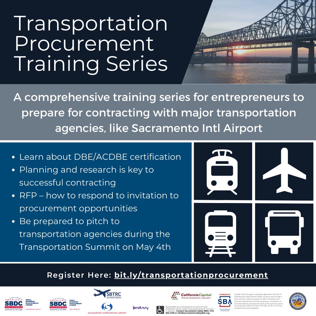 In this free training series, learn how to tap into the billions of dollars in transportation contracts set aside for Small, DBE, WBE, and VBE businesses, including Sac International Airport.

Register here to attend the procurement training series: bit.ly/transportation…