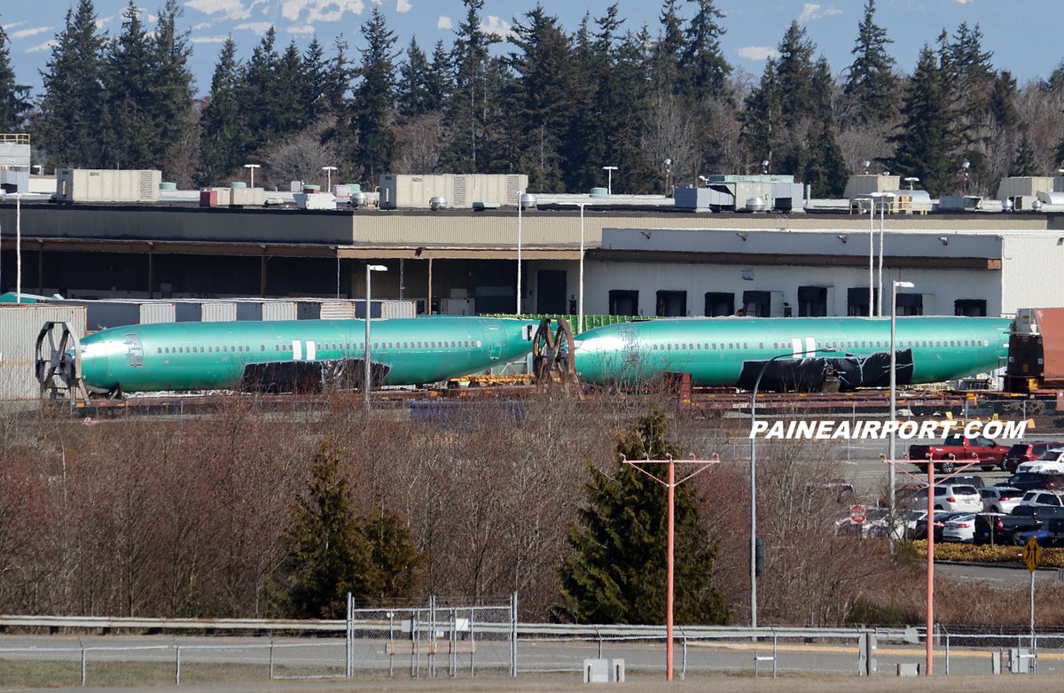 The first two 737 fuselages arrived at the 737 Max North Line this morning. Now parked at the Everett rail terminal