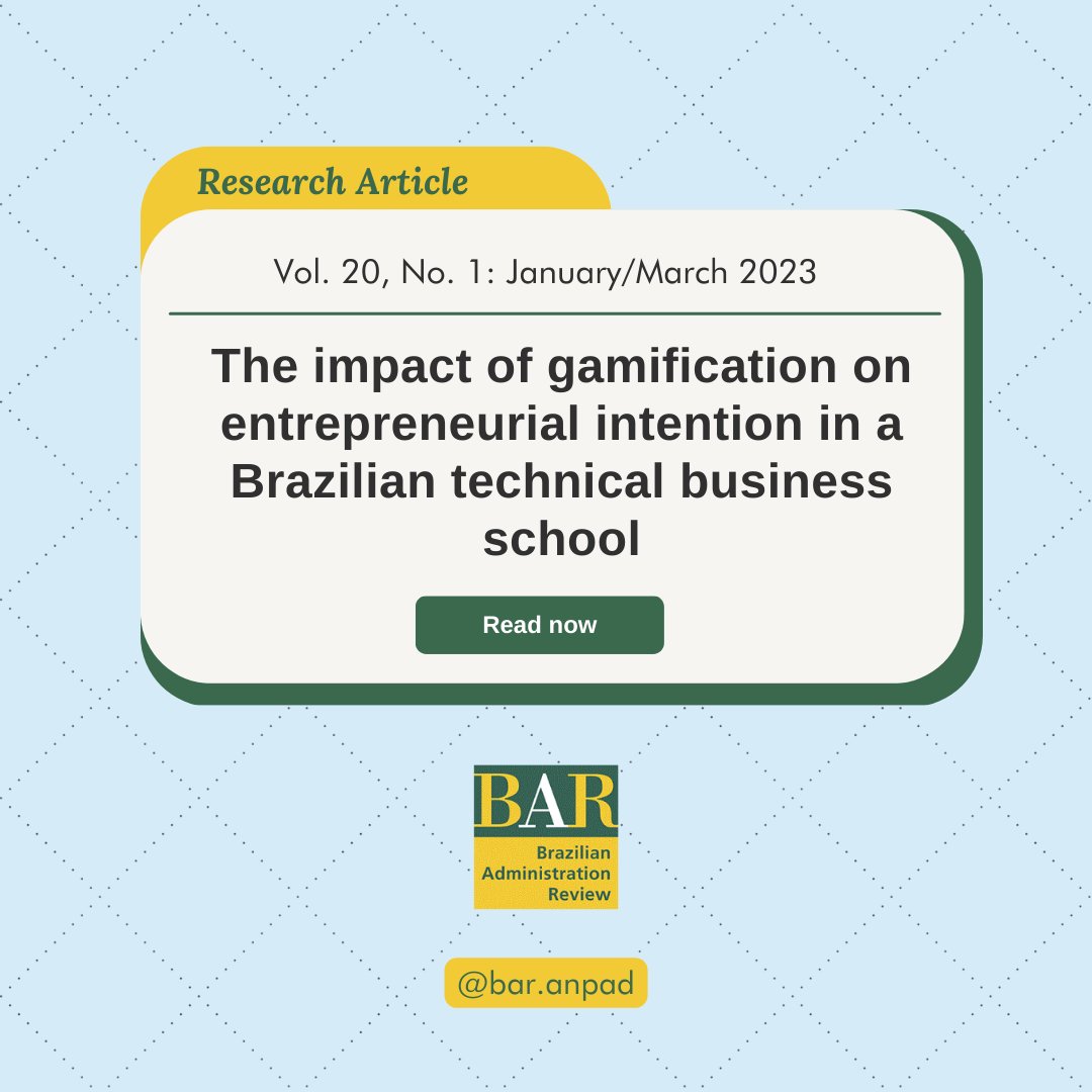 Authors: F. Melo (IFRN), A. Soares, L. Sampaio (UFRN)-Brazil, R.L.Oliveira(Asia School of Business, Malaysia)
To read the article,access it: bar.anpad.org.br/index.php/bar/…
#gamification #entrepreneurialintention #vocationaltraining #differenceindifferences #quantileregression #bar_anpad