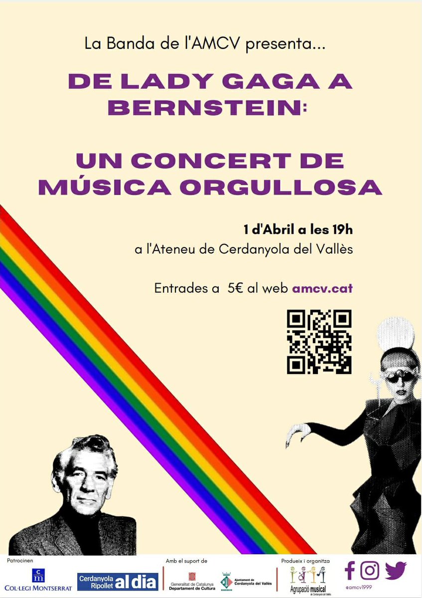 L’1 d'abril la Banda de l'AMCV celebra el concert 'De Lady Gaga a Bernstein: un concert de música orgullosa'🌈, per celebrar la diversitat i reivindicar l'amor lliure i els drets del col·lectiu LGTBIAQ. Aquí trobareu les entrades: …trades.agrupaciomusicalcerdanyola.cat

Us esperem!