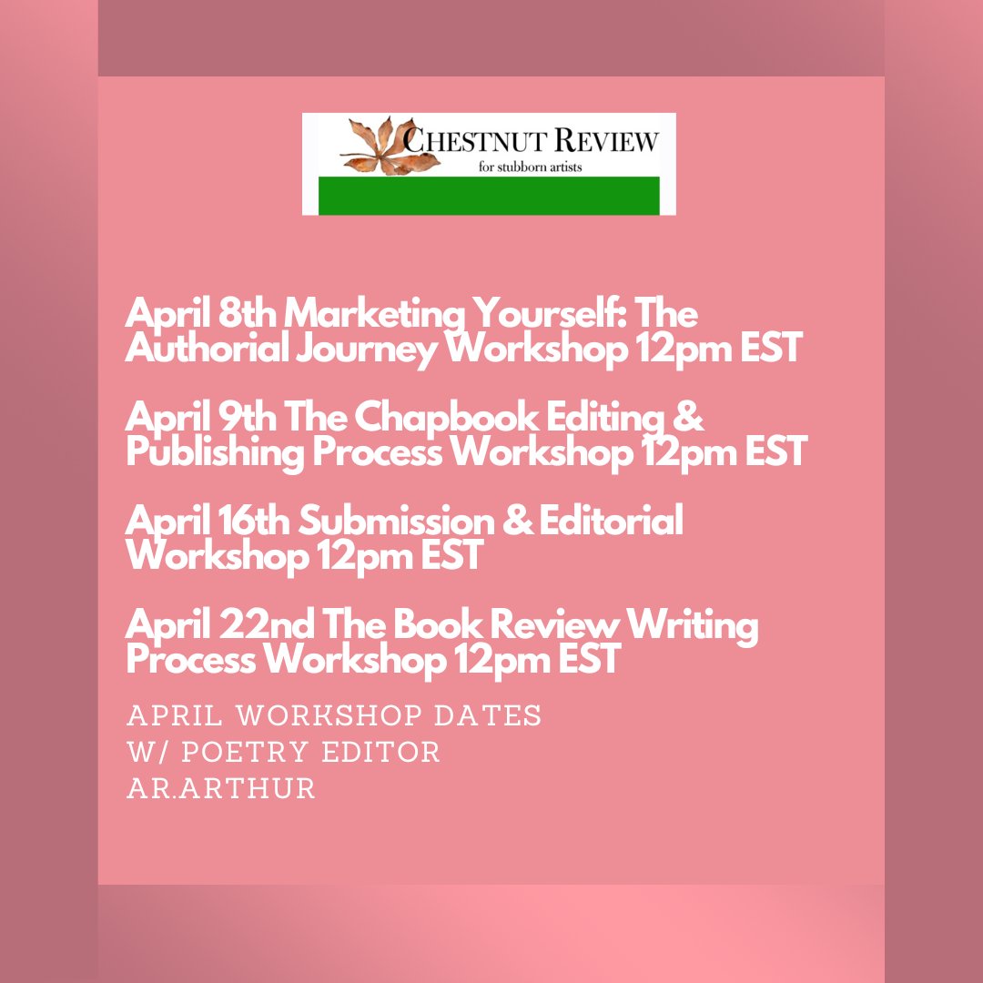 ChestnutReview's tweet image. Sign up for these workshops and gain from our poetry editor @ararthurwriter 's wealth of experience in the literary space and beyond!

Register here: chestnut-review.com