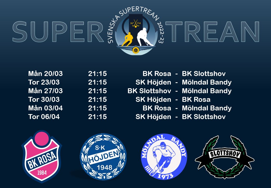 Grundserien är avklarad och nu är Supertrean lottad! 
På måndag drar slutspelet igång när BK Rosa möter BK Slottshov som fått ett wild card till årets Supertrea. Slottshov har den här säsongen spelat i Division 2.

Samtliga matcher spelas i Ruddalen. Missa inte!
#svbandy