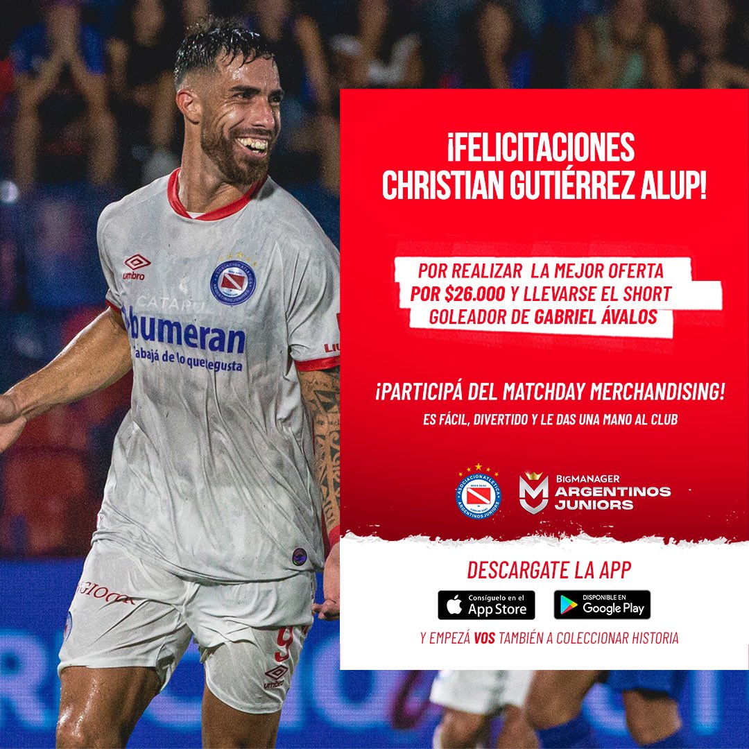 #AAAJ Felicitamos al Big Manager, Christian Alup, por realizar la mejor oferta y llevarse el short de Ávalos a su casa 🤩
👉 Participá del Match Day Merchandising, es fácil, divertido y le das una mano al club.
🤳 Descárgate la app y  empezá a coleccionar historia. <a href="/AAAJoficial/">Argentinos Juniors</a>