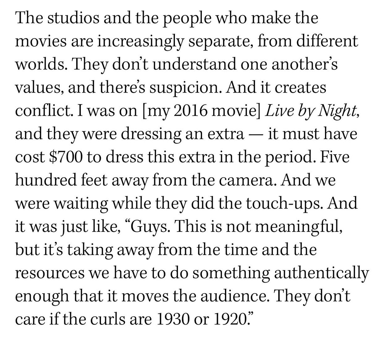 julie_bush's tweet photo. from the Ben Affleck interview. this is the kind of radicalizing realization you have when you realize how important it is to divert your time and money on set to the stuff that will actually invest your audience — and not like minor details https://t.co/usXndYEprb