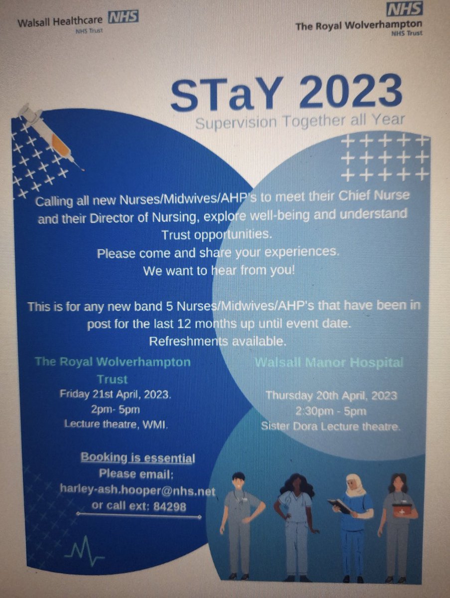 Calling all NQP’s, come join us for our next STaY events, we’re looking forward to hearing from you #Preceptorship #support #newlyqualified @RWT_NHS @RWT_NurseEd @RWTTherapies @rwt_apprentices @ForceWalsall @WalsallHcareNHS