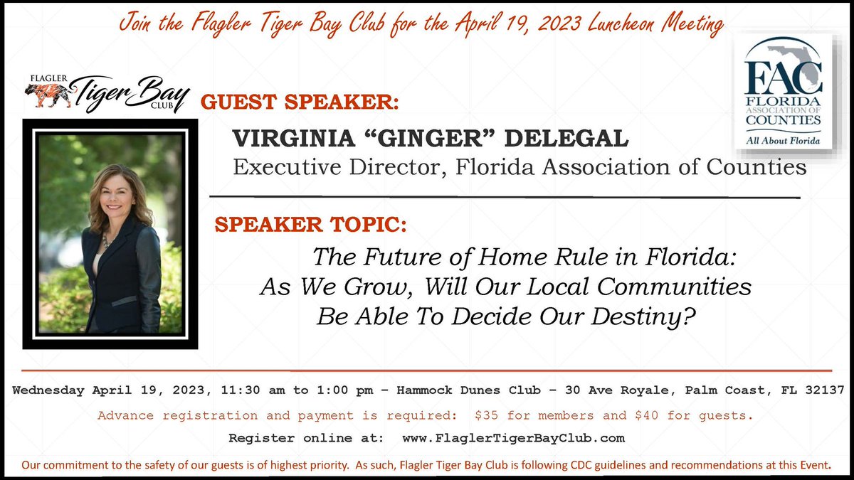 Florida is experiencing a number of changes. Get it on the ground floor as we hear from Ginger Delegal on April 19th. Not a member? Register as a President's Guest at FlaglerTigerBayClub.com. 
#politics #Floridapolitics #TigerBayClub #homerule #growthmanagement