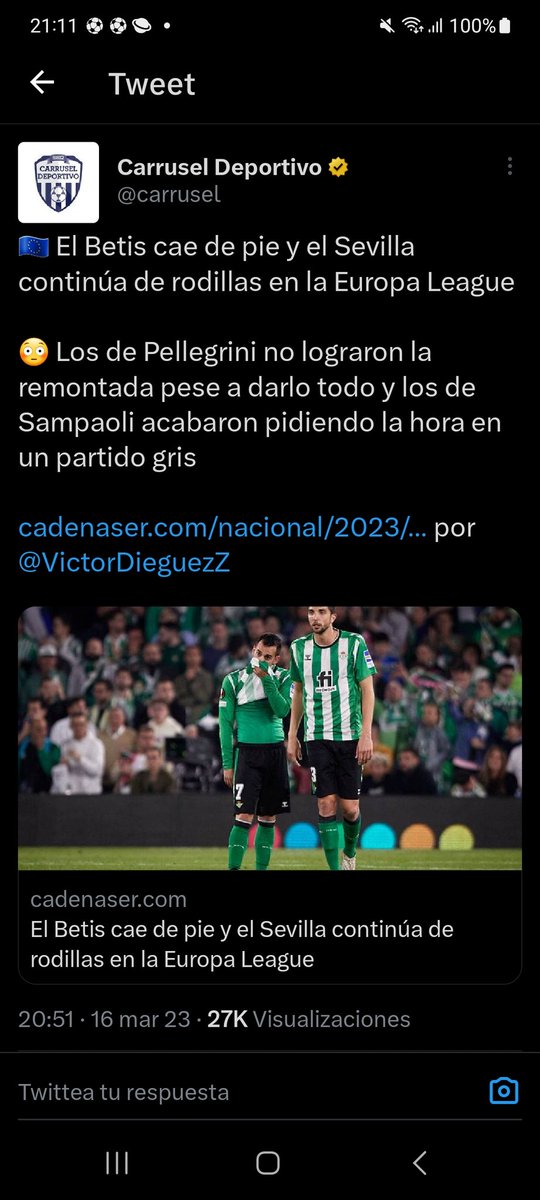 Estoy totalmente en contra de este tipo de enfrentamiento, pero poner esto es de tener mucha bilis dentro. El #SevillaFC, en la peor temporada en mucho tiempo, estará mañana en el bombo de 1/4. Poner este titular es de llevar mucho, muchísimo, tragado.
