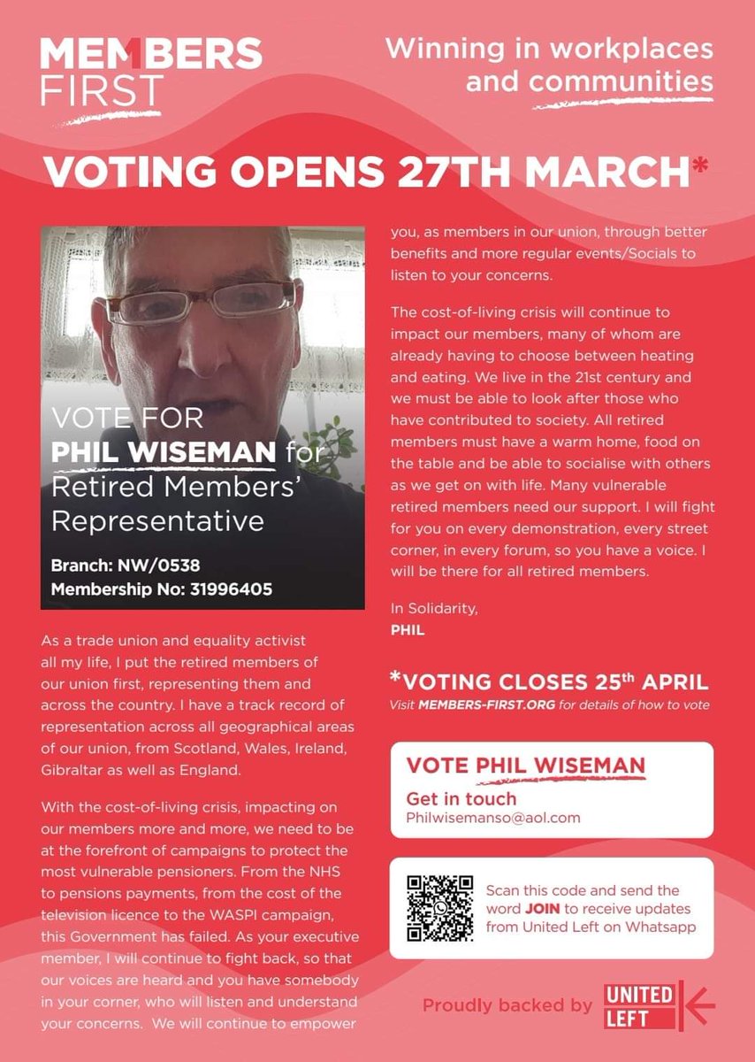 wiseman_ec's tweet photo. Please vote for Phil Wiseman for the @unitetheunion Executive Council for retired members @LRCinfo @PulsLeft @Ruth4UniteEC @AngelaRayner @duerden_angela @DrAMorelli @AndyBurnhamGM @UniteLE7147E @unitedleftLandE @Unite785 @SteveUnite2112 @SoriceMonica @ULnational @UL_Eastmids https://t.co/mYTmrIfcwn