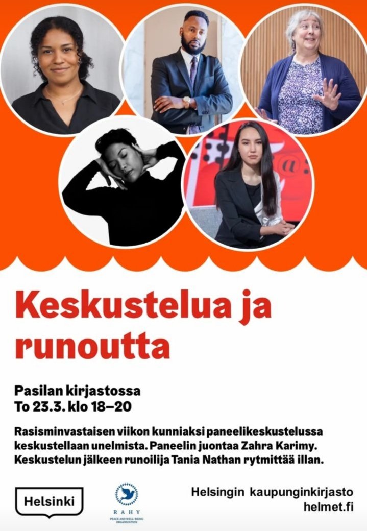 RAHYry's tweet photo. Rasisminvastaisen viikon kunniaksi paneelikeskustelussa keskustellaan unelmista. Paneelin juontaa toimittaja Zahra Karimy. Keskustelussa mukana väitöskirjatutkija Emeline Banzuzi, kansanedustaja Suldaan Said Ahmed sekä Suomen Romaniyhteisön toimistopäällikkö Päivi Majaniemi. https://t.co/M2AvsFnoLO