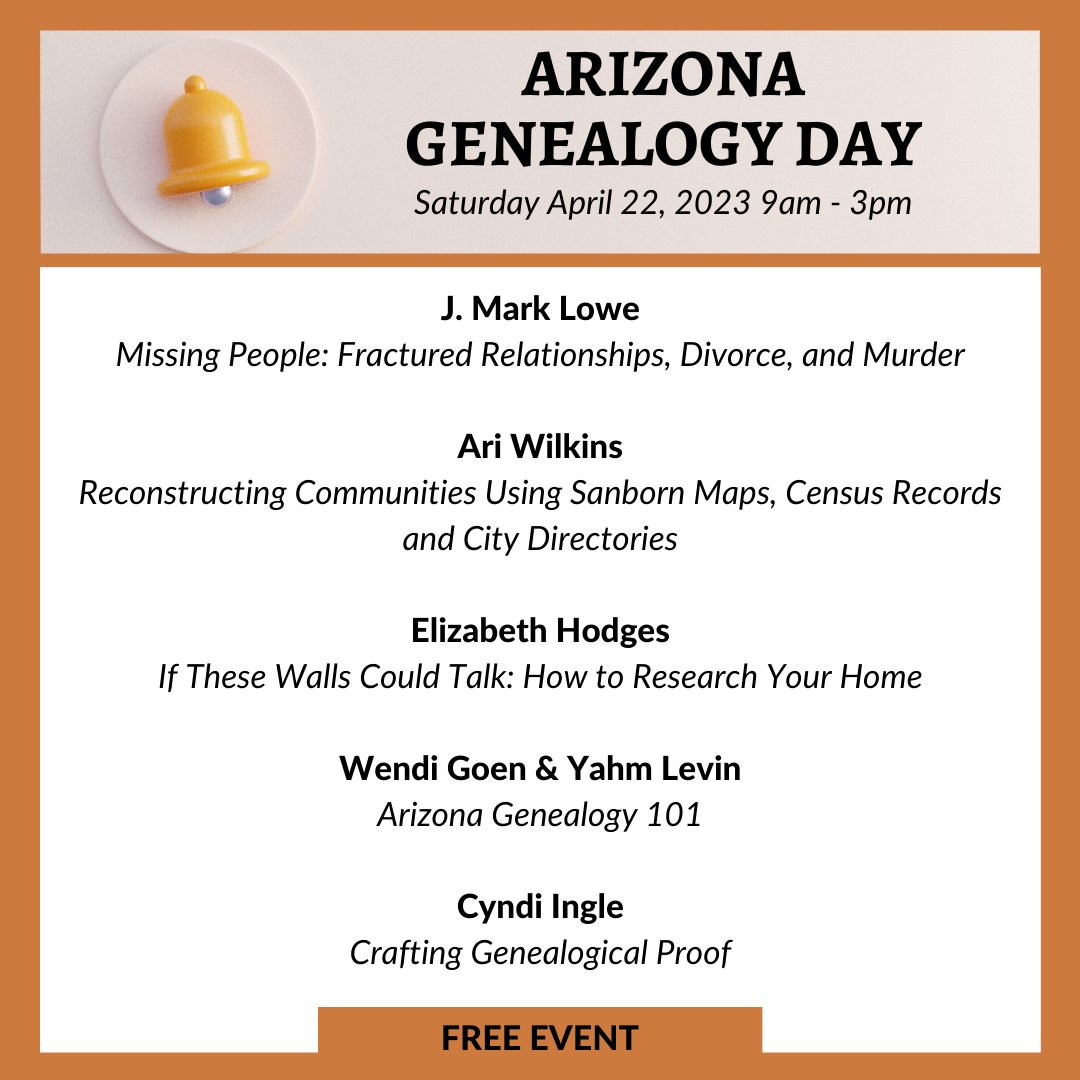 This free virtual event is sponsored by the Arizona Genealogical Advisory Board and the Arizona State Library, Archives and Public Records.

Here’s the direct link to register for the event go.azsos.gov/azgenday23

#LearnHistoryMakeHistory #genealogy