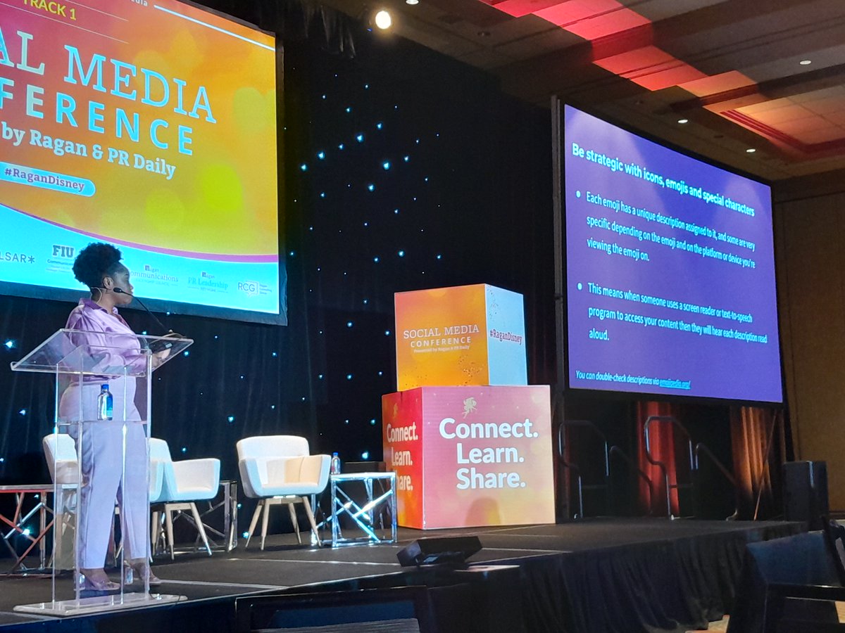 VoteRunLead's tweet photo. Some strategic #RaganDisney #inclusivity & #accessibility social media insight from Destanie Morman: If I could communicate with emojis all day I would but they're not as accessible for anyone using a screen reader. Also #CamelCaseHashtags are more legible for readers. #DEIA #DEI https://t.co/Mld0H2sa54