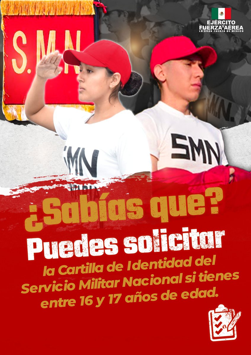 ¿Sabías que? 
Los mexicanos de 16 y 17 años, que deseen obtener la Cartilla de Identidad del #SMN, deberán acudir a la oficina de reclutamiento de la Zona Militar más cercana a su domicilio, a fin de tramitar un “Anticipo de incorporación”.
#ServicioMilitarNacional.