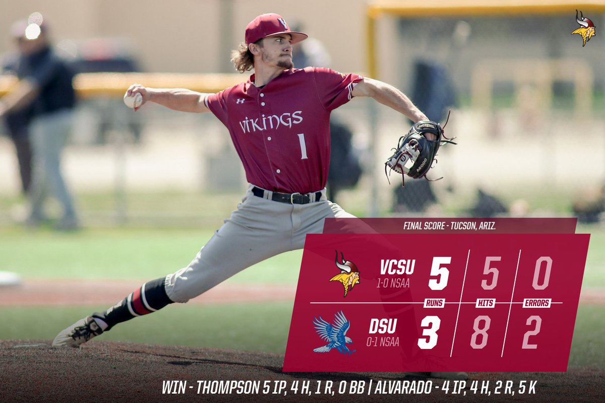 FINAL: VCSU 5, Dickinson 3
The Vikings play a clean game defensively while Adam Thompson &amp; Daniel Alvarado combine for a strong outing on the mound!
Alvarado starts and goes 4 innings. Thompson comes on in relief for the win, pitching the final 5 innings.