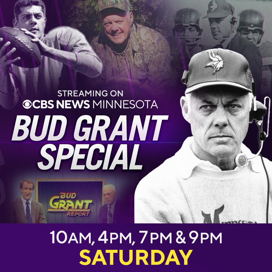 WCCO's tweet photo. Join us Saturday to celebrate the life of #BudGrant on CBS News #Minnesota via Pluto TV, the CBS News app, or at https://t.co/ZCaglnXmBv The streaming special includes an intimate visit to Bud's #Wisconsin cabin with #RJFritz https://t.co/qRtDMHDWyk