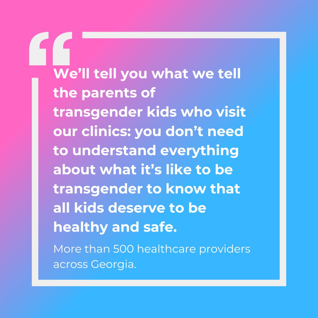 GAEquality's tweet photo. Gender-affirming care is supported by every legitimate medical association in the US because it is safe &amp; essential. That’s why 500+ GA healthcare providers sent a letter to elected leaders telling them to vote NO on #SB140.

If you agree, add your voice: https://t.co/jI4bul3PdD https://t.co/1hQrt9IFnY