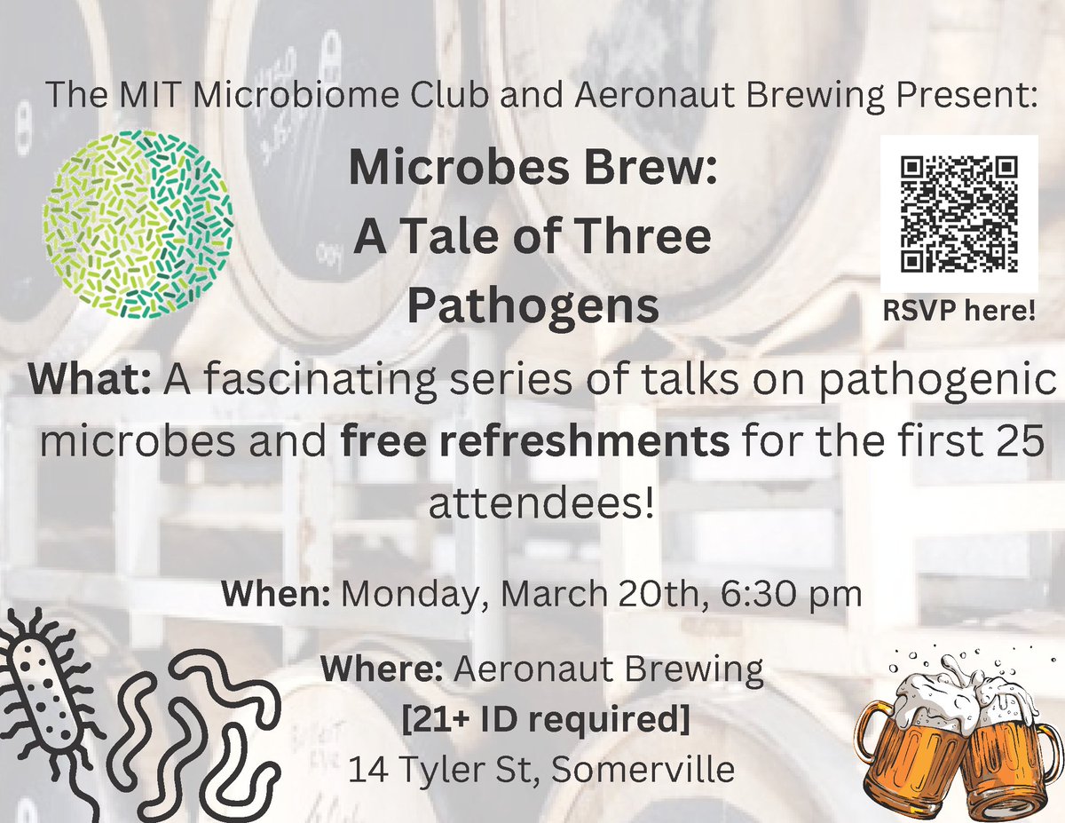 Join us and Aeronaut Brewing for the second edition of our informal talk series! Microbes Brew: A Tale of Three Pathogens will take place on Monday, March 20th at 6:30pm
The first 25 attendees get a free refreshment (21+ only)
Register on eventbrite: eventbrite.com/e/microbesbrew…