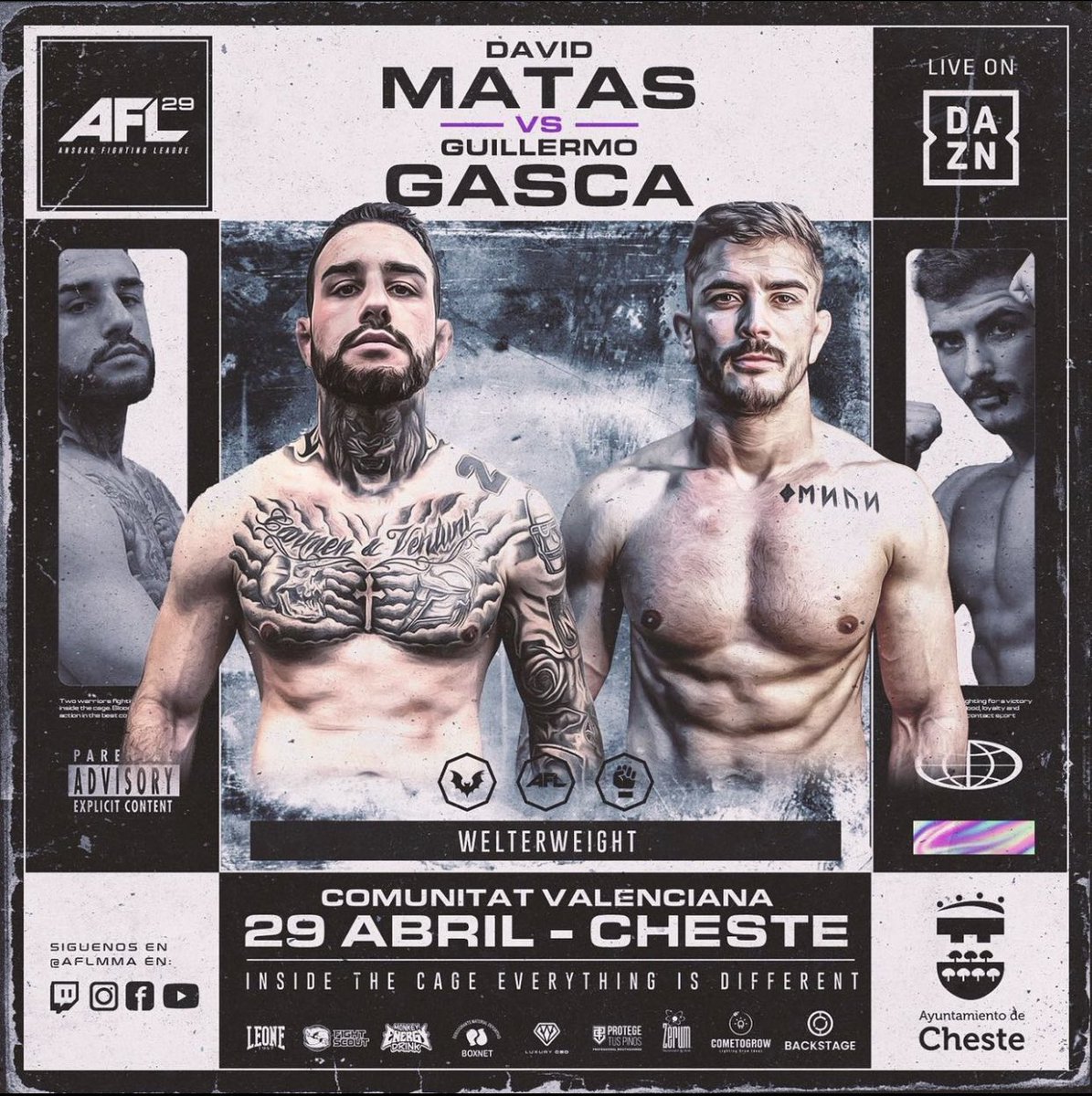 spanish_mma's tweet photo. David Matas (4-2) y Guillermo Gasca (1-0) se enfrentarán el próximo 29 de abril en un combate de peso welter, en AFL 29.

En directo a través de @DAZN_ES 

@AFLMMASPAIN 
@FMontielAFL 

#davidmatas #guillermogasca #aflmma #afl29 https://t.co/L5munKDx6Z