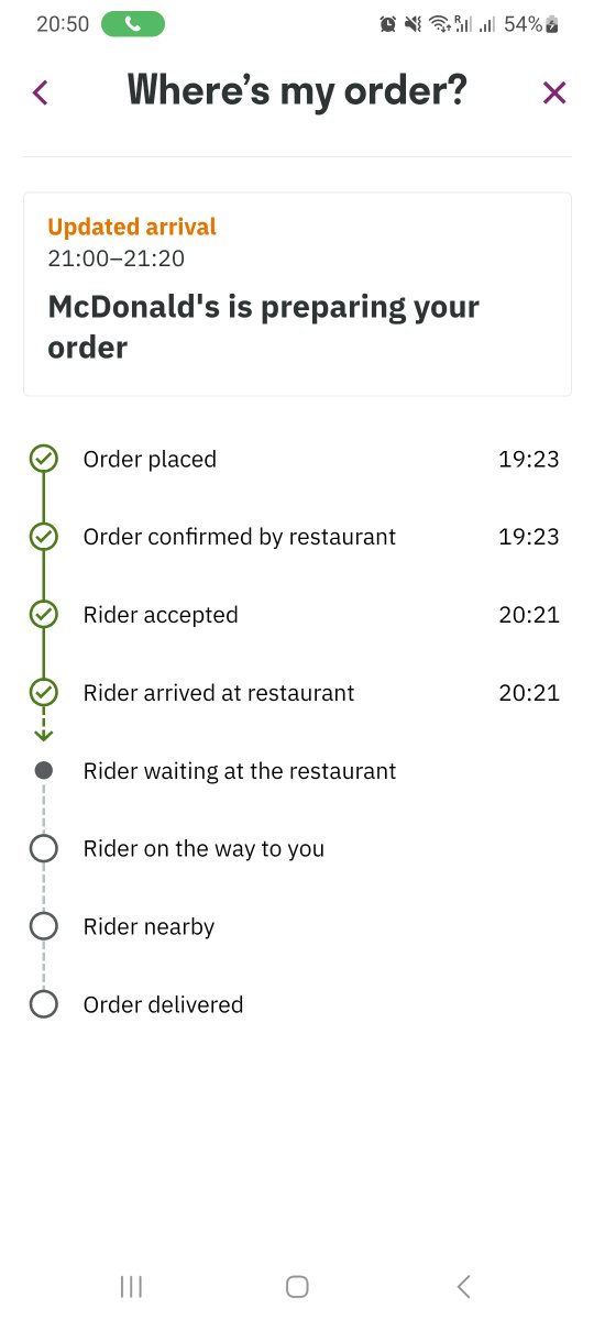 shazyhx's tweet photo. Fast food turned into slowest food. When I try to cancel (>1,5h wait), says I won't get a refund cause they're still preparing. 🤷🏾‍♀️ @McDonaldsIRL @Deliveroo https://t.co/nZJgnGcPUF