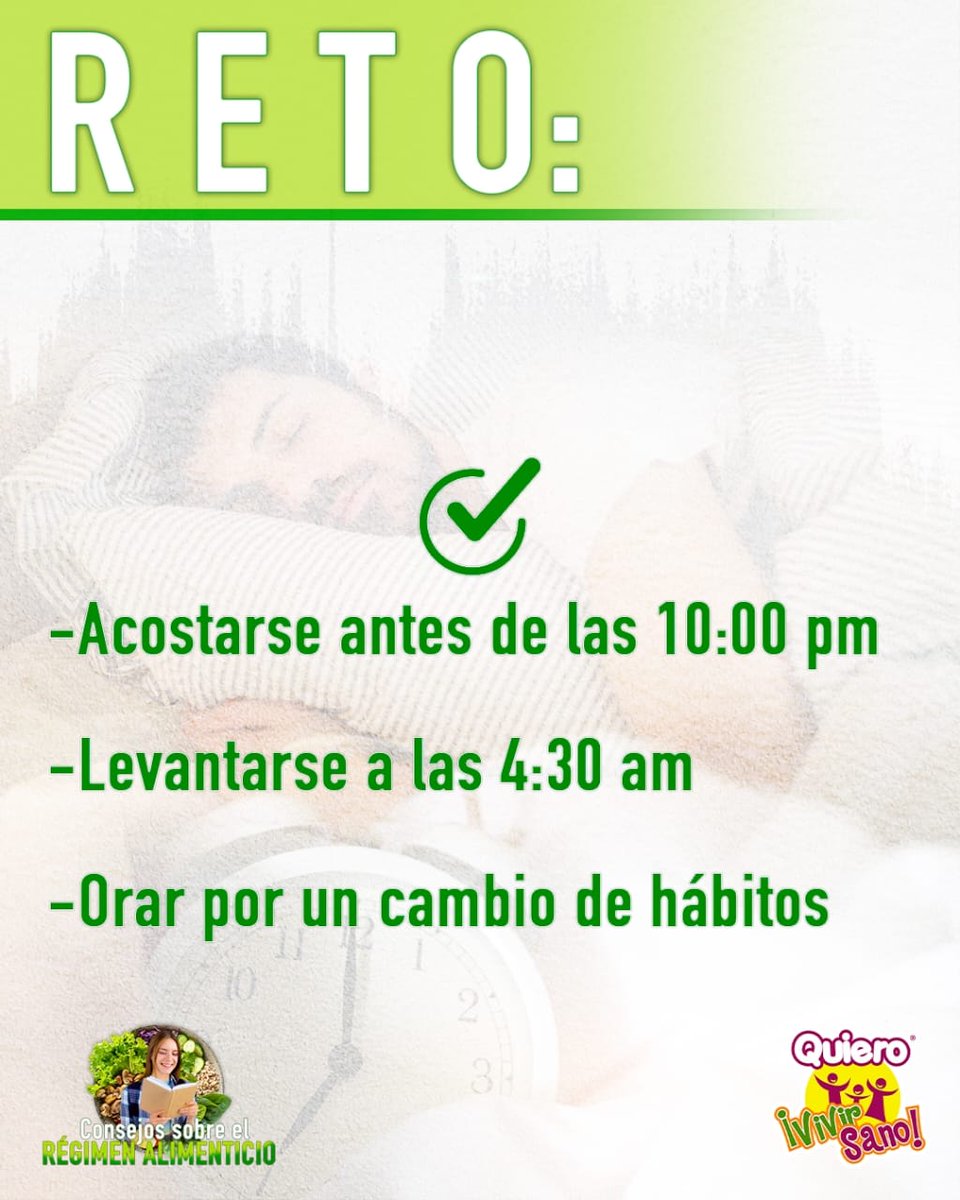 miveandes's tweet photo. Reto 1:

Ahora que ya realizamos juntos el estudio del capítulo 1 del libro: "Consejos sobre el Régimen Alimenticio", no olvides participar en el primer reto.

*Acostarse antes de las 10:00 pm.

*Levantarse a las 4:30 am.

*Orar por un cambio de hábitos. https://t.co/EaO43wNtCT