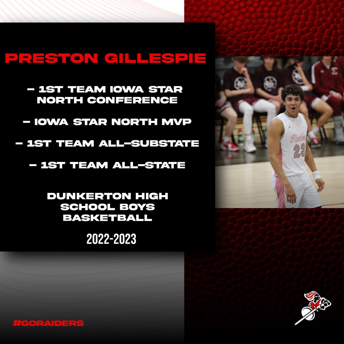 Another prolific season to end a historic career for <a href="/preston123g/">Preston Gillespie</a> 

Preston averaged 26 ppg and 11 rpg as a Senior.

His 1572 career points are #1 in Dunkerton History!