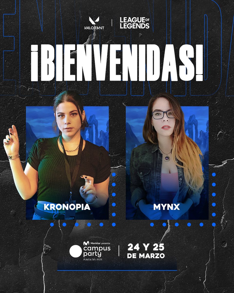WClickGG's tweet photo. Ya entramos en modo CAMPUS PARTY! 🎮🖥️📱

Te presentamos a nuestras casters oficiales del evento @campuspartyuy  el 24 y 25 de marzo para Valorant y League of Legends

¡Bienvenidas @kronopia  y @Mynx_g  al espacio gaming! 😎🎮🏆 https://t.co/H2vVe7KnG7