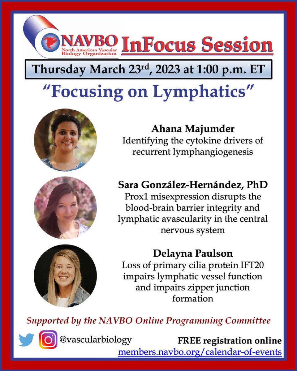 NAVBO (@vascularbiology) on Twitter photo Next week-->
Join us for the next InFocus Session: Focusing on Lymphatics on March 23 at 1 PM ET! Speakers were chosen from abstracts submitted for IVBM 2022. <a href="/delaynapaulson/">Delayna Paulson</a> <a href="/SGonHer0/">Sara Gonzalez-Hernandez</a> Moderated by <a href="/ColijnSarah/">Sarah Colijn</a>.
FREE registration here: conta.cc/3k9wOXf Next week-->
Join us for the next InFocus Session: Focusing on Lymphatics on March 23 at 1 PM ET! Speakers were chosen from abstracts submitted for IVBM 2022. <a href="/delaynapaulson/">Delayna Paulson</a> <a href="/SGonHer0/">Sara Gonzalez-Hernandez</a> Moderated by <a href="/ColijnSarah/">Sarah Colijn</a>.
FREE registration here: conta.cc/3k9wOXf
