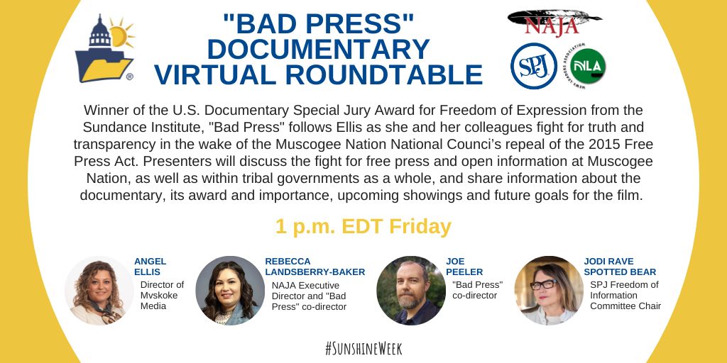 spj_tweets's tweet image. Don't miss tomorrow's virtual round table on #BadPressFilm with @Angel71852238, @BeccaLandsberry, @heyjoepeeler &amp;amp; @JodiRave During this SPJ, @najournalists and @NewsLeaders event, they'll discuss #FreePress &amp;amp; #IndigenousJournalism for #SunshineWeek. bit.ly/3Lp0dv3
