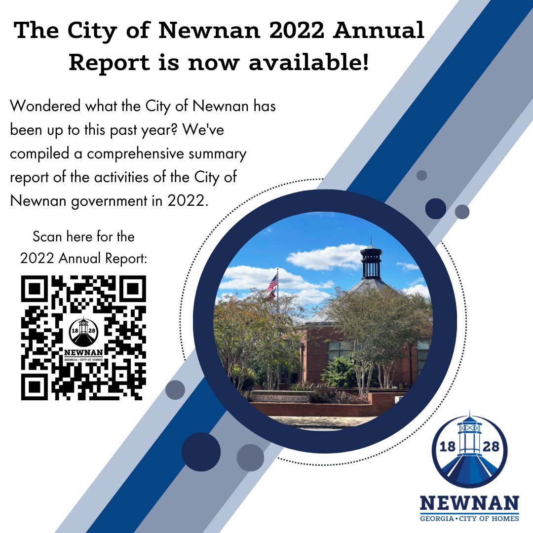 The City of Newnan 2022 Annual Report is available! We've compiled a comprehensive summary report of the activities of the City of Newnan government in 2022. Scan the QR code or click here to view the report: newnanga.gov/ArchiveCenter/…

2022 Photo Reel:
youtu.be/tA63f6o31QU