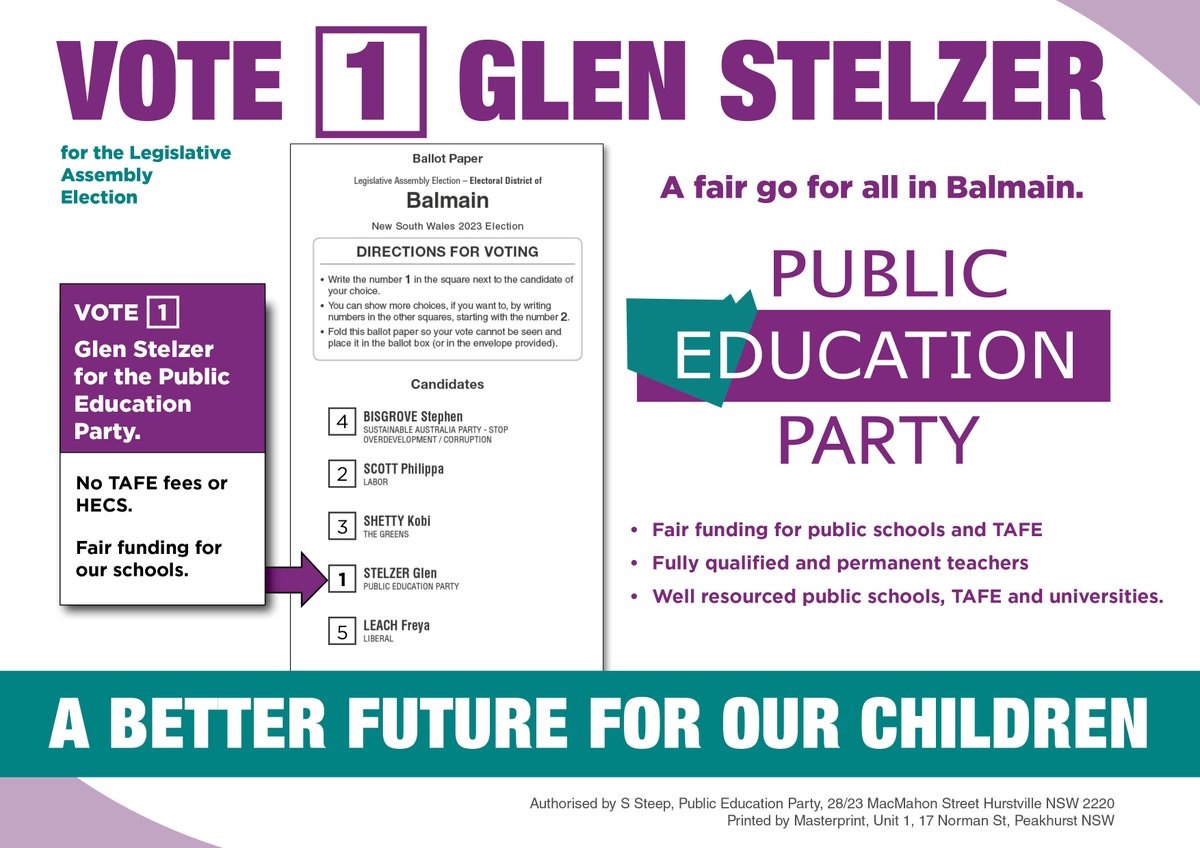 A better future for our children - vote 1 for the #PublicEducation Party.  Glen Stelzer for #Balmain. Download and access our how-to-vote guides:
publiceducationparty.org.au/our_candidates…
#NSWVotes #NSWElection