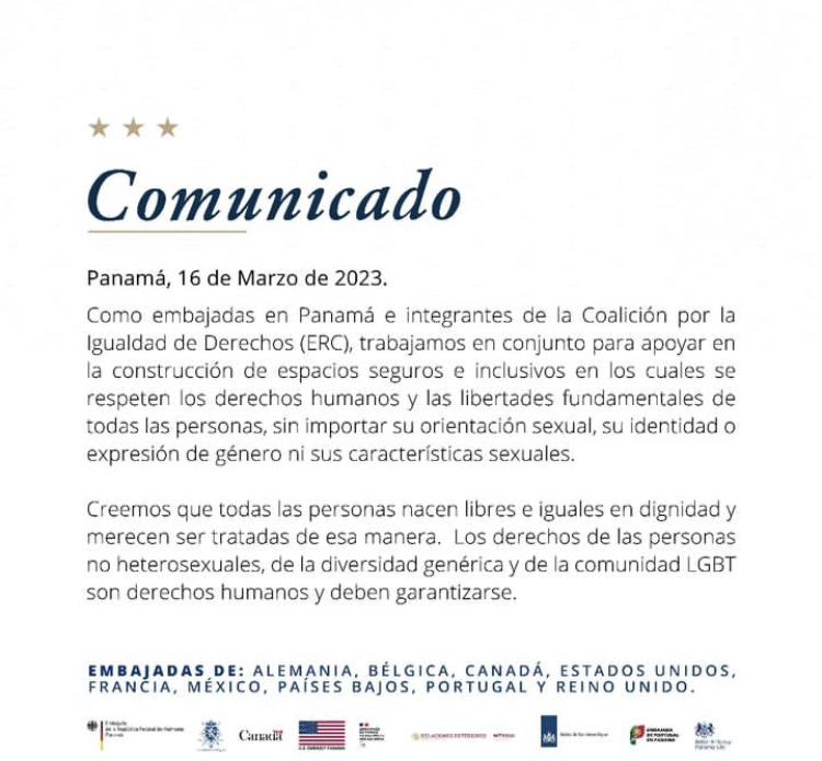 FranciaPanama's tweet photo. DERECHOS #LGBTQI+
La embajada de 🇫🇷 se une a las embajadas de 🇩🇪🇧🇪🇨🇦🇺🇲🇲🇽🇳🇱🇵🇹🇬🇧. 
Somos todos países integrantes de la Coalicion por la Igualdad de Derechos. 
Los derechos de la comunidad LGBTQI+ 🏳️‍🌈🏳️‍⚧️son #derechoshumanos.
#igualdaddederechos https://t.co/bEgsPyA68D