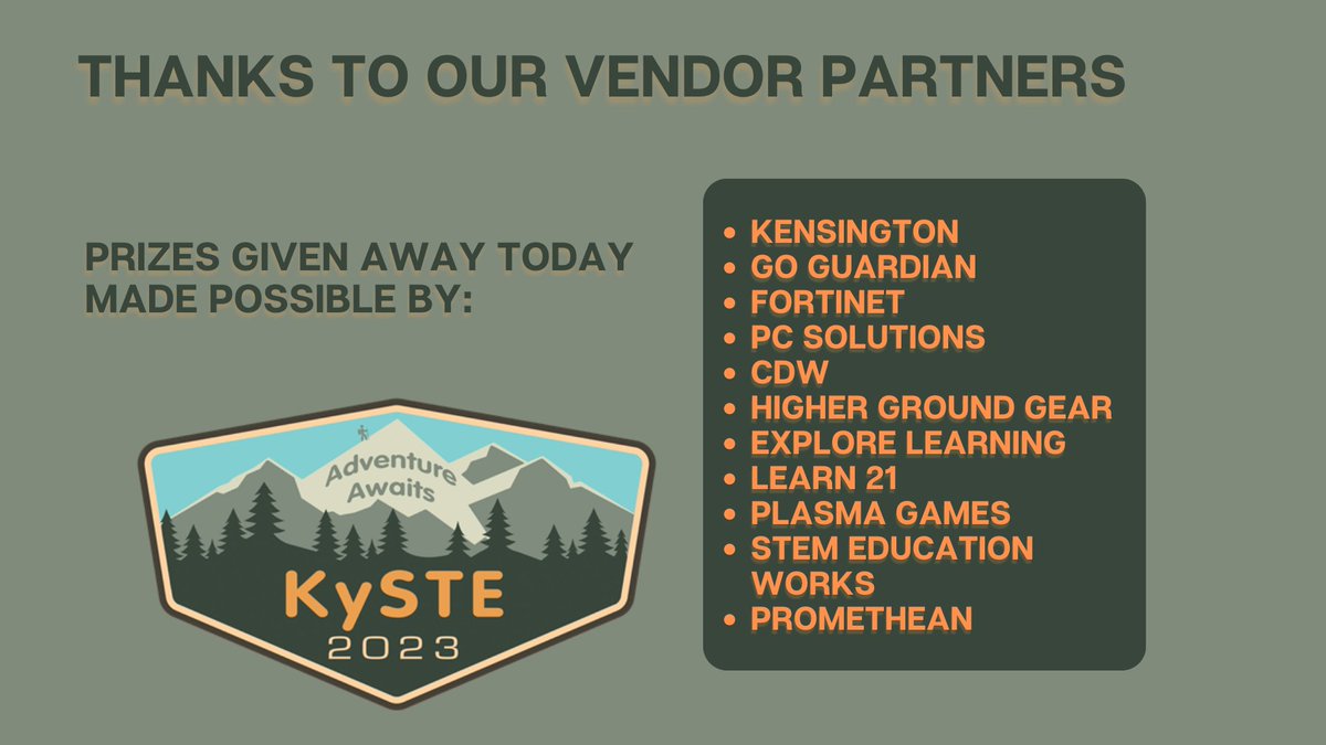 KySTE would like to send a huge Thank you to our vendor partners for donating prizes that were given away today at #KySTE23!  @kensington @goguardian @simplifywithIT @goguardian @CDWCorp @HG_Gear @explorelearning @Learn21Team @playplasmagames @STEMeduWorks @promethean @fortinet