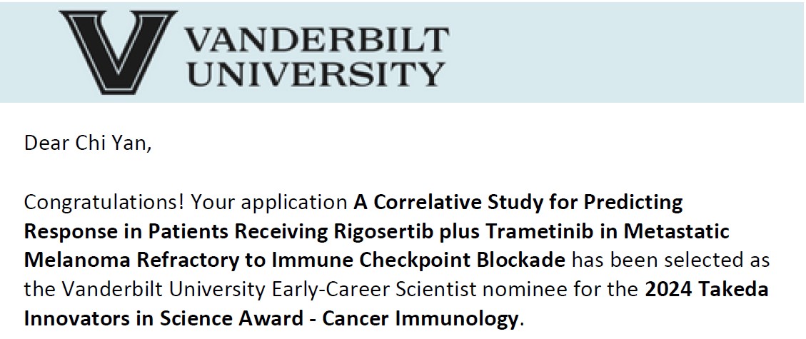 Chi Yan, Ph.D. (@chiyan2021) on Twitter photo I’m thrilled! This Phase II clinical trial of rigosertib (a RAS-pathway inhibitor) for ICB-resistant melanoma at Vanderbilt University, is a home-grown, bench to bedside study, and our lab proposed parallel correlative biomarker and mechanism discovery studies.<a href="/VUBasicSciences/">Vanderbilt School of Medicine Basic Sciences</a> I’m thrilled! This Phase II clinical trial of rigosertib (a RAS-pathway inhibitor) for ICB-resistant melanoma at Vanderbilt University, is a home-grown, bench to bedside study, and our lab proposed parallel correlative biomarker and mechanism discovery studies.<a href="/VUBasicSciences/">Vanderbilt School of Medicine Basic Sciences</a>