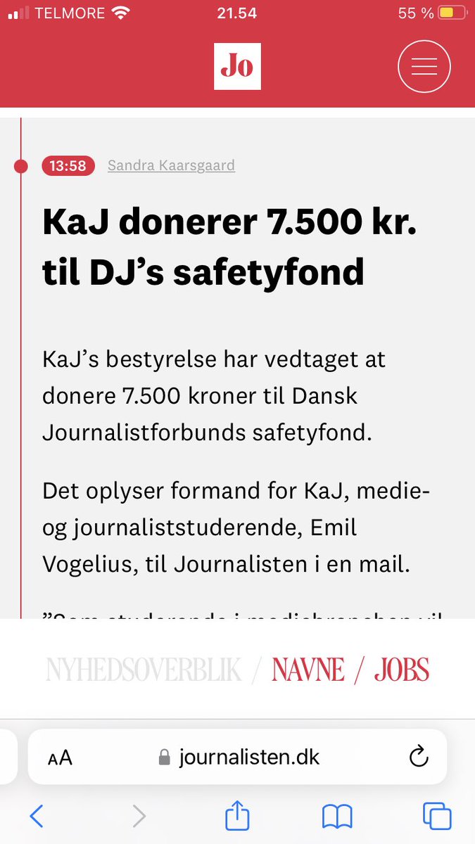 I <a href="/HejfraKaJ/">KaJ, Kommunikations- og Journaliststuderende</a> har vi valgt at donere 7.500 kr. til <a href="/DJintweets/">DJ</a> Safetyfond.

Det gør vi, fordi vi som studerende i mediebranchen gerne vil bidrage til, at journalister frit kan gøre deres virke.

Særligt i en tid, hvor pressefriheden mange steder er under tryk.

#dkmedier