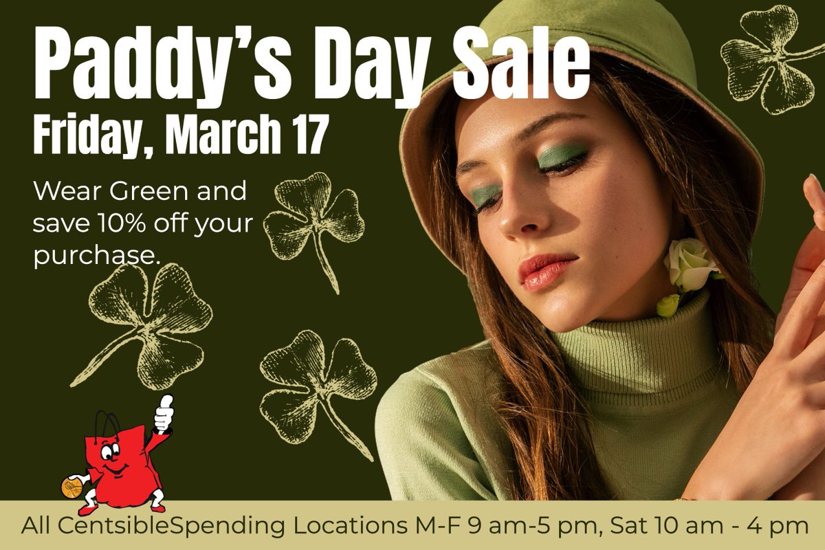 HomeOfHopeInc's tweet photo. Perfect for a shamrockin' night.
Wear green today and visit any Centsible Spending location and get 10% off your total purchase!

Remember...The leprechauns made me do it.

Not valid with other sales or discounts. 
See you there! Don't forget to follow and like us on FB @homeofh https://t.co/kLBE0zzmj0