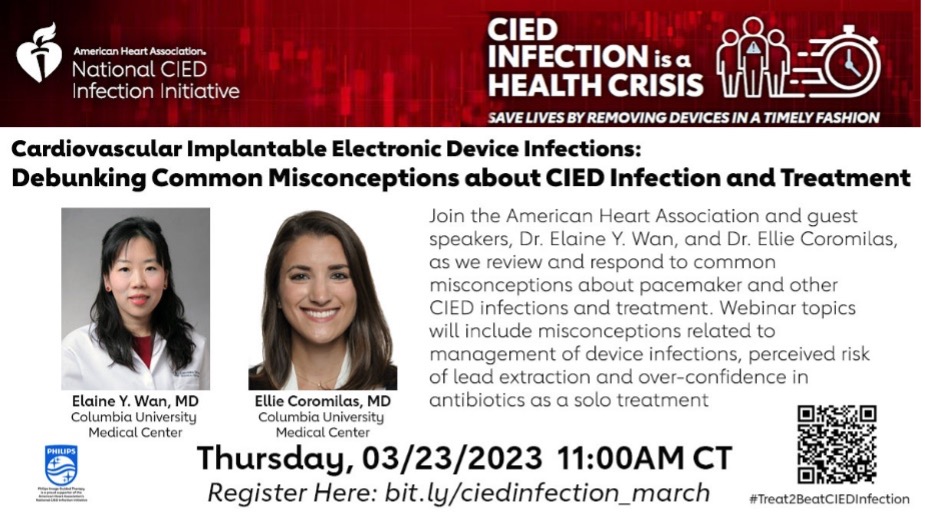 Join the AHA, Drs. @ecoromil & @ElaineWanMD, as we review and respond to common misconceptions about pacemaker and other Cardiac Implantable Electronic Device Infections and Treatment. Register here: bit.ly/ciedinfection_… 
#Treat2BeatCIEDInfection