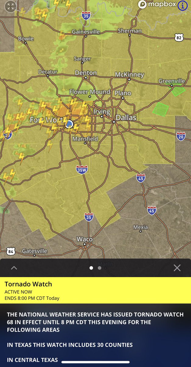 MamaJennBear's tweet photo. Spring in Texas!!! DFW ready for round one! The shaded yellow areas are for tornado watch. https://t.co/43sYBo4yxv