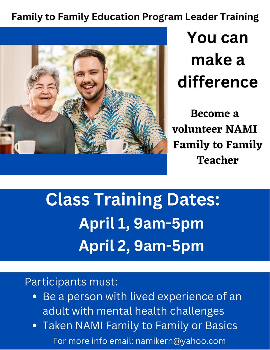 KernNami's tweet photo. Family to Family leader training April 1-2, via zoom. Email namikern@yahoo.com. Deadline 3/22/23. https://t.co/BjlGAfH33s