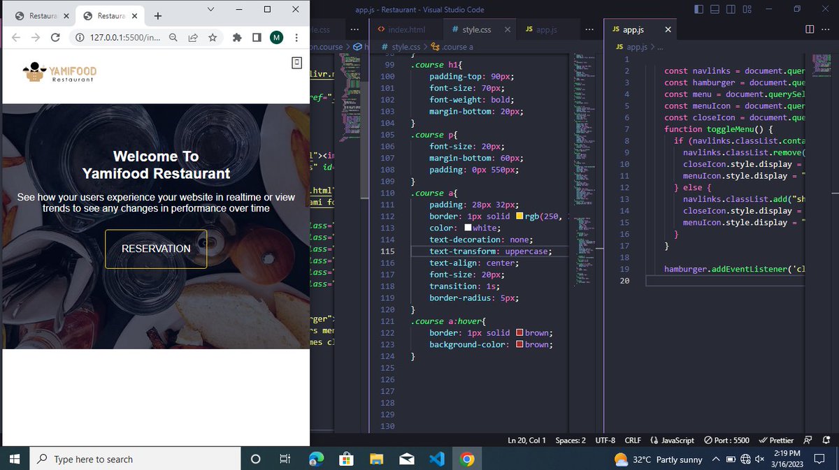 dev_maims's tweet image. So today I decided to clone a restaurant website how does it look.
The code                          The output