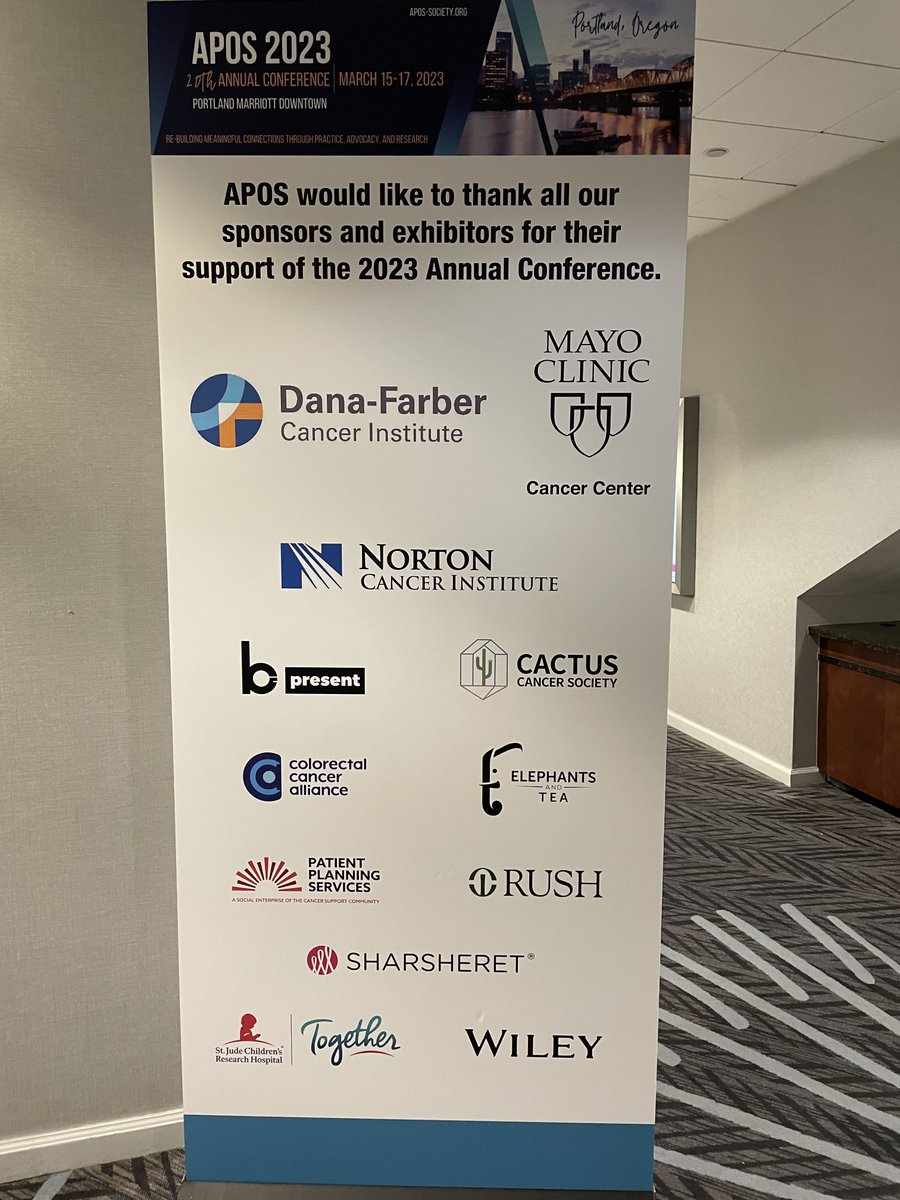APOSHQ's tweet photo. 1/2 Thank you to our sponsors and exhibitors!  We are so thankful for your support of #APOS2023 #APOSMadeItToPortland @DanaFarber @MayoClinic @NortonHealthIT @RushMedical @bpresentorg @cactuscancersoc https://t.co/uMuM9jaHJR