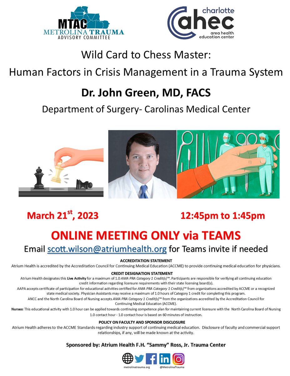 MetrolinaTrauma's tweet photo. Join us next Tuesday as @JMGreenMD speaks on "Wild Card to Chess Master: Human Factors in Crisis Mgmt in a Trauma System" next Tuesday, 5/21 at 12:45pm EST

#TraumaEducation #MetrolinaTrauma #TraumaCenter #TraumaSurgery #TraumaSystem #SoMe4Trauma #FOAMed #HumanFactors @NCSurgeons https://t.co/8DhIOXLean