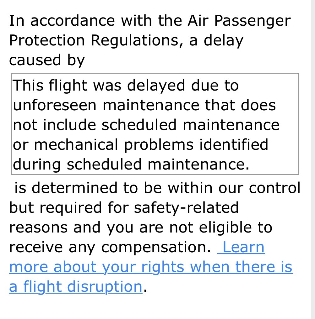 Mahony5664's tweet photo. @AirCanada amazing how when the flight is delayed bc of factors under your control you still find “outs” to not compensate your customers.  No loyalty program is worth this level of customer dissatisfaction.  #hellounited https://t.co/YUaaT74Zip
