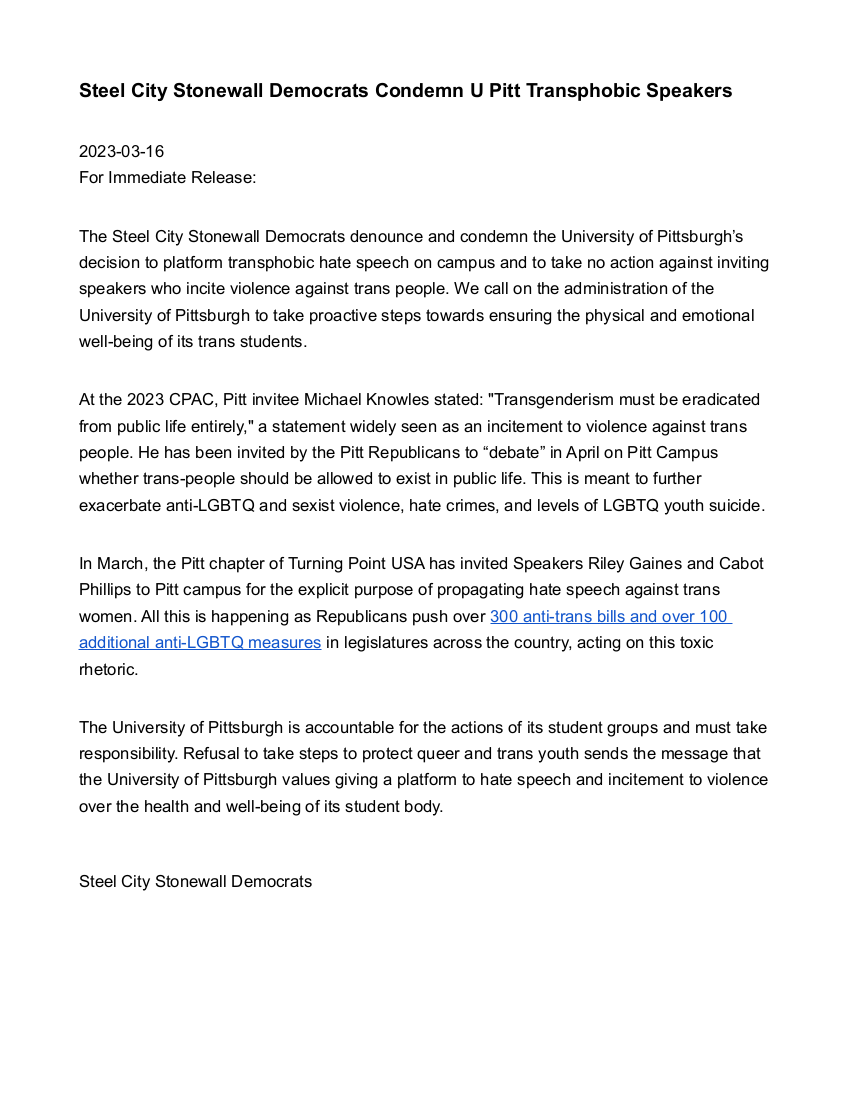Steel City Stonewall Democrats (@stonewallpgh) on Twitter photo <a href="/StonewallPGH/">Steel City Stonewall Democrats</a> has released a statement on the University of Pittsburgh's disregard for the safety and well being of queer and trans people on campus. <a href="/StonewallPGH/">Steel City Stonewall Democrats</a> has released a statement on the University of Pittsburgh's disregard for the safety and well being of queer and trans people on campus.