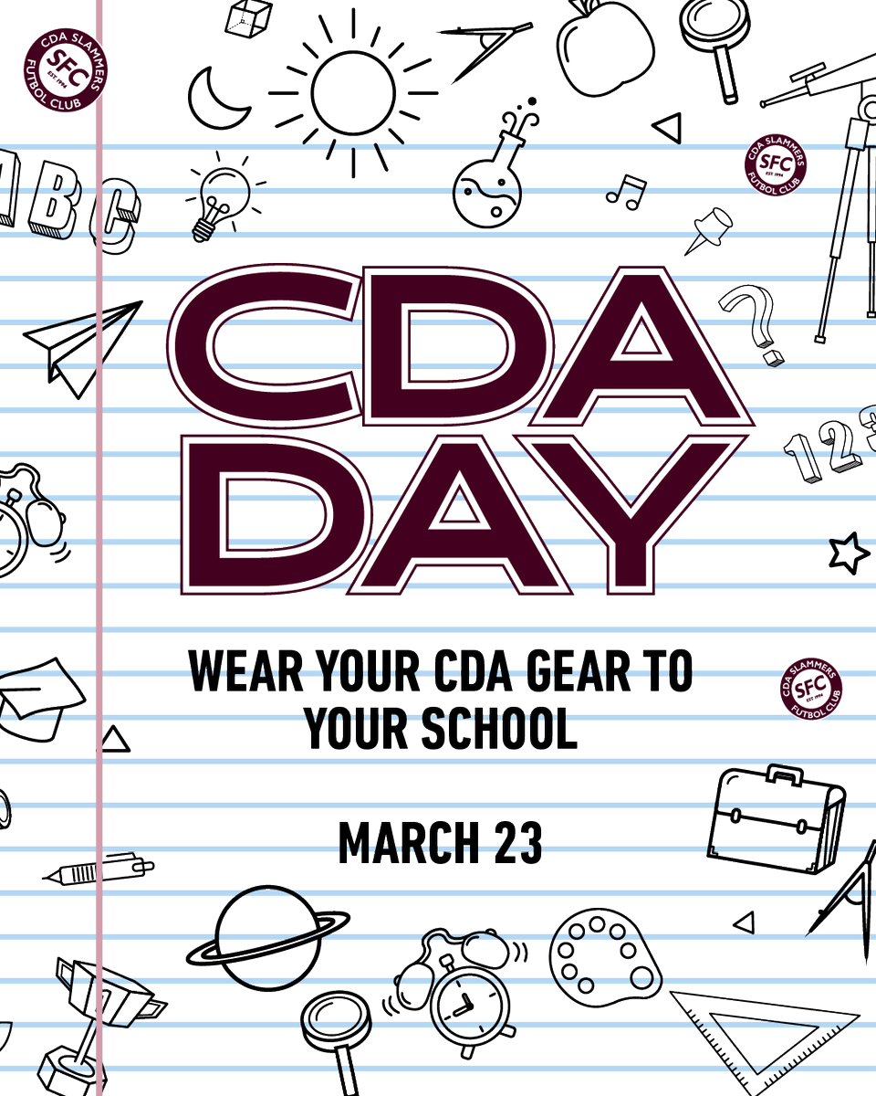 cdaslammersfc's tweet photo. MARCH 24 IS CDA DAY! Wear your CDA Slammers FC gear to school (if your school allows). Tag us and we'll feature everyone! Spread the word and mark your calendar.
#thecdaway #cdaslammersfc #cdaday #slamfam https://t.co/AjvM9TrxrT